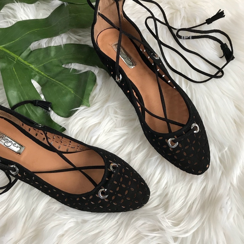 Black Suede Perforated Lace up Flats - Picture 6 of 10